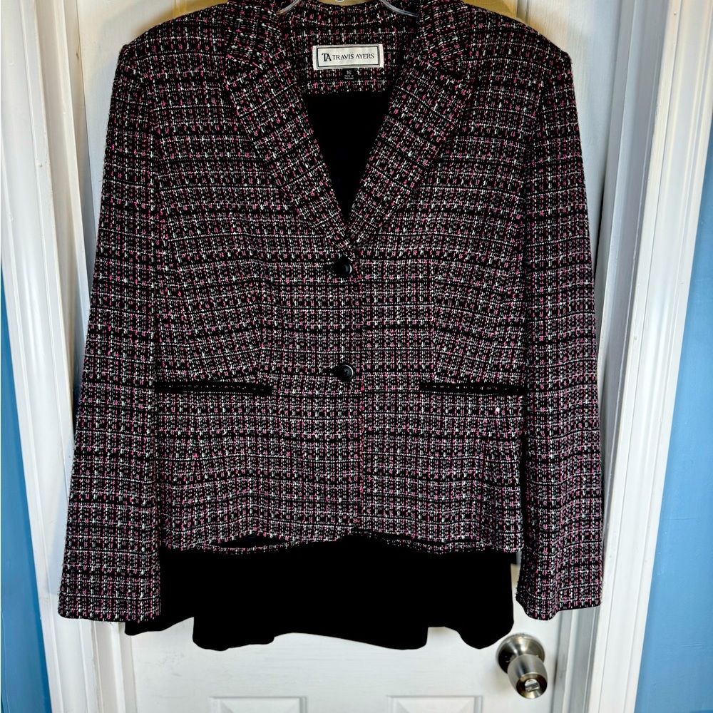 Travis Ayers Suit jacket, flair bottom skirt. Size 16 multi color jacket.